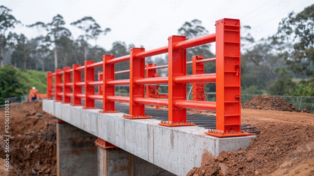 A vibrant orange railing atop a newly constructed concrete bridge, surrounded by earthworks and greenery. A vibrant orange railing atop a newly constructed concrete bridge, surrounded by earthworks and greenery.
