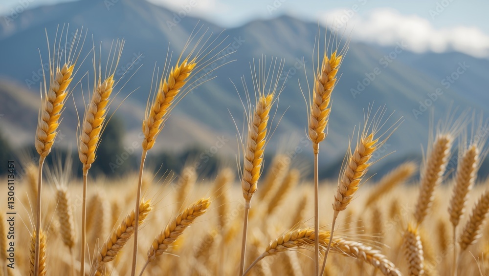 Fototapeta premium Wheat Fields Swaying in the Breeze with Majestic Mountains in the Background Under a Clear Blue Sky