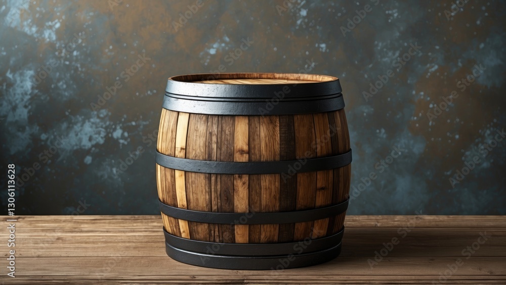Rustic wooden barrel placed on a table with a textured artistic background for culinary or vintage themed designs and advertisements. Rustic wooden barrel placed on a table with a textured artistic background for culinary or vintage themed designs and advertisements.