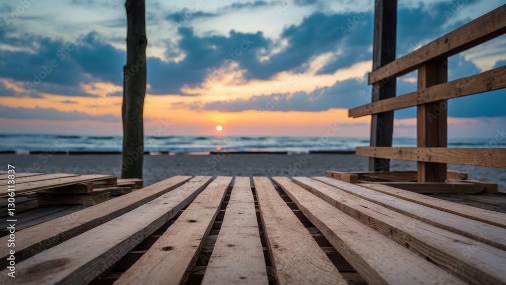 Obraz premium Wooden Slats Overlooking Beach at Sunset with Cloudy Evening Sky in Background