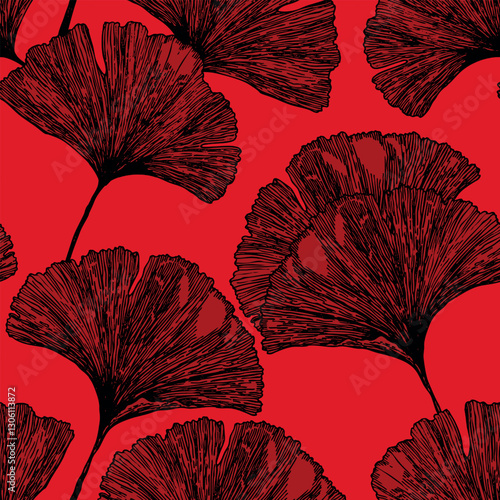 Seamless floral pattern with ginkgo biloba leaves. Art flowers on color background. Decorative sceleton leaf. Vector hand drawn illustration. Minimal linear style.