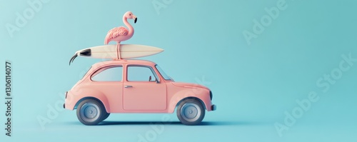 3D render of a cute car with a surfboard and flamingo on top, against a blue background, in a minimalistic style with pastel colors.