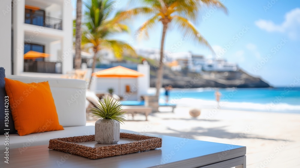 Obraz premium Relaxing beach scene with vibrant colors featuring palm trees and ocean waves under a sunny sky
