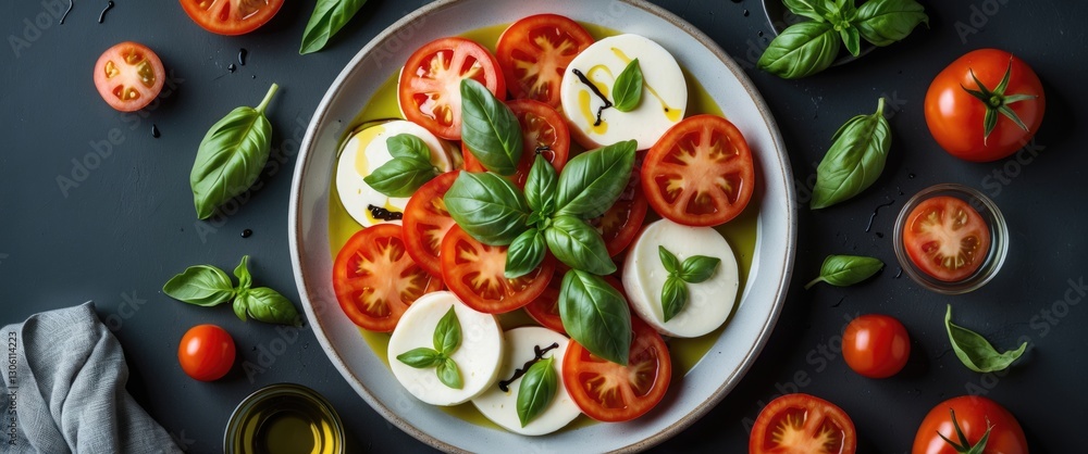 Caprese Salad with Fresh Tomatoes Mozzarella and Basil on Dark Background Seasonal Healthy Dish with Space for Text Caprese Salad with Fresh Tomatoes Mozzarella and Basil on Dark Background Seasonal Healthy Dish with Space for Text