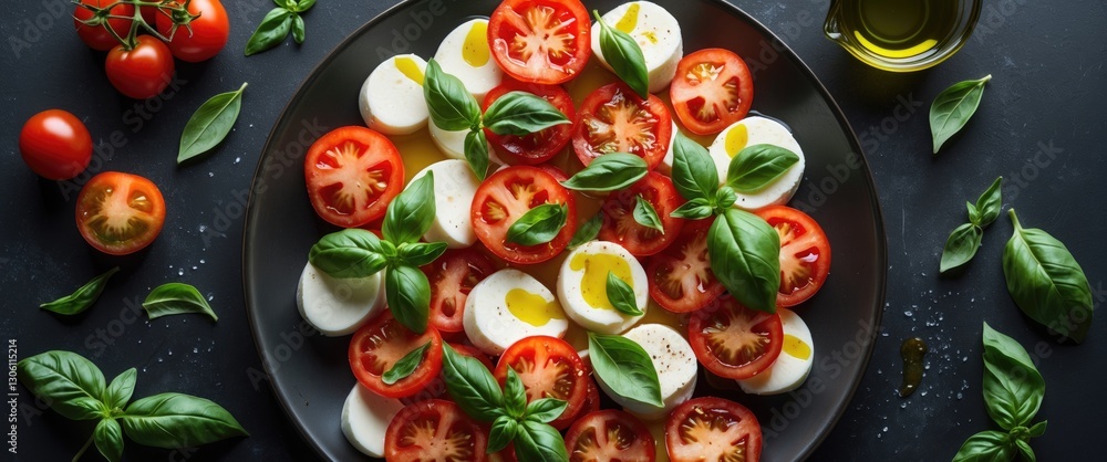 Caprese Salad with Fresh Tomatoes, Mozzarella, and Basil Drizzled with Olive Oil on Dark Background with Space for Text or Labels Caprese Salad with Fresh Tomatoes, Mozzarella, and Basil Drizzled with Olive Oil on Dark Background with Space for Text or Labels