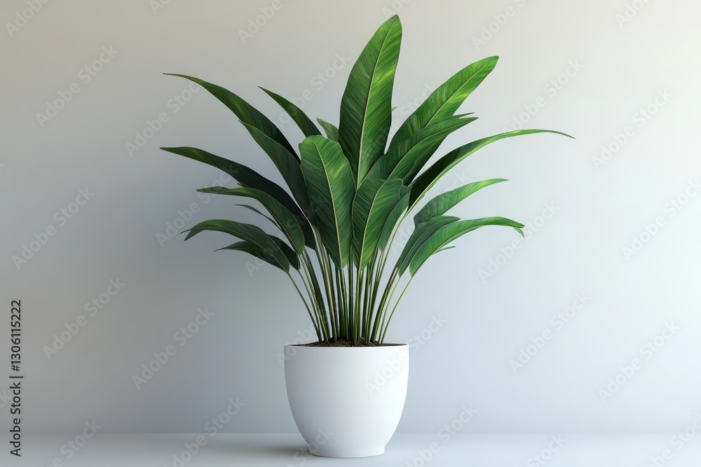A studio-style 3D render of a tropical plant with fresh green leaves, displayed in a simple white planter. A studio-style 3D render of a tropical plant with fresh green leaves, displayed in a simple white planter.