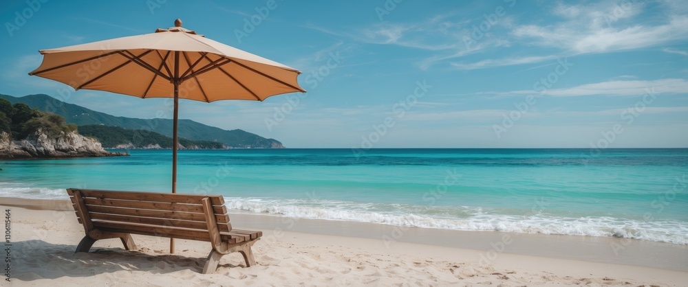 Obraz premium Serene Beach Scene with Wooden Bench and Parasol Overlooking Turquoise Sea and Blue Sky Perfect for Summer Vacation and Relaxation Themes