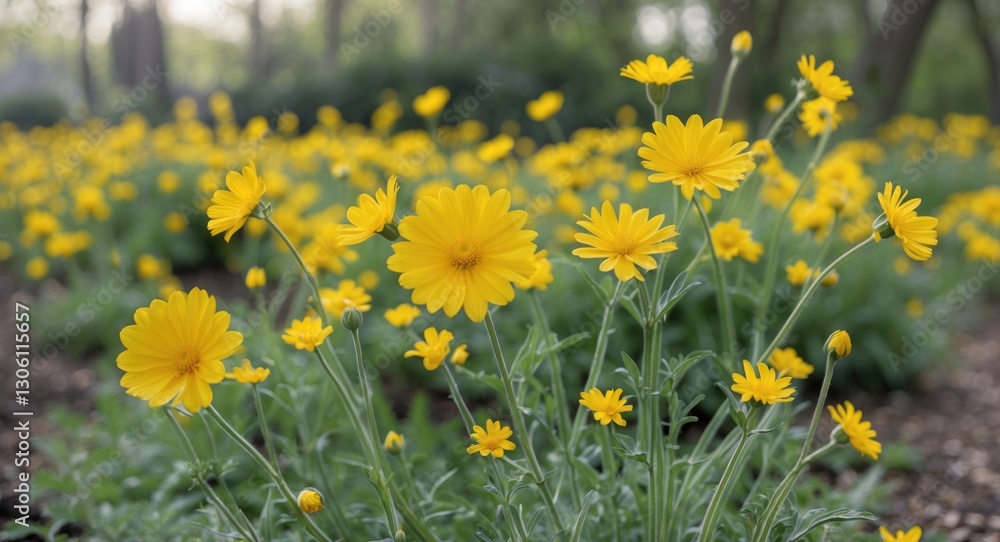 Obraz premium Yellow Wildflowers Blooming in a Lush Garden with Abundant Green Foliage and Space for Text Overlay or Captions.