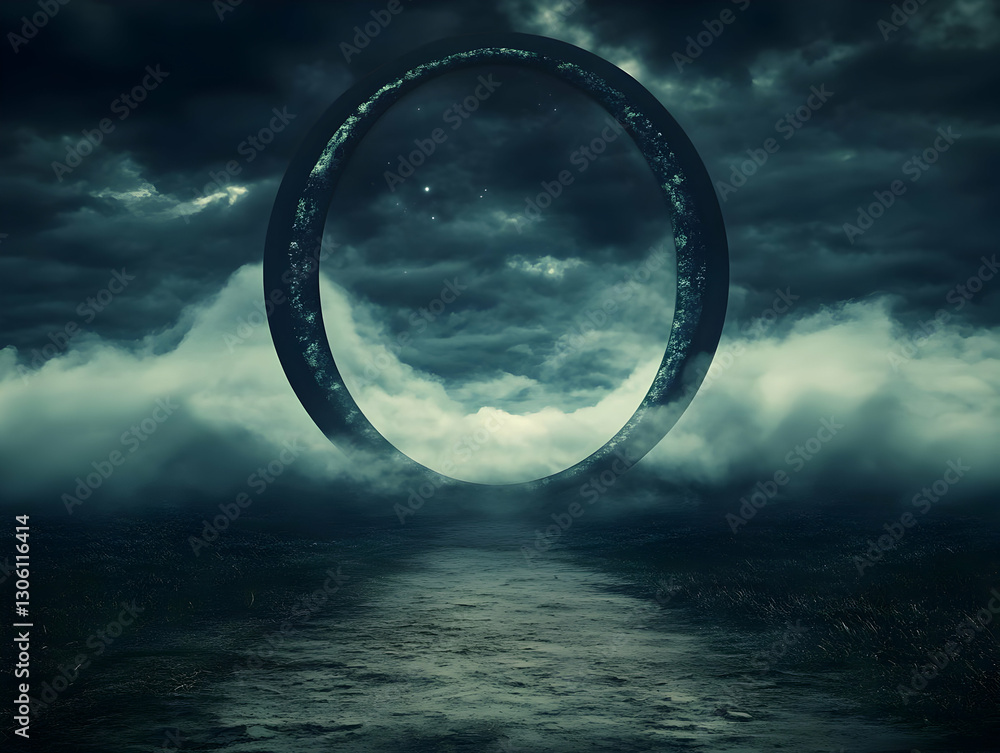 Obraz premium Futuristic Ring Portal Illustration in Dramatic Stormy Sky Background