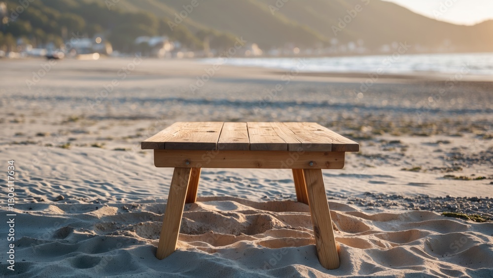 Wooden Table on Sandy Beach with Ocean View Ideal for Product Display Blank Space for Text Advertising and Marketing Visuals Wooden Table on Sandy Beach with Ocean View Ideal for Product Display Blank Space for Text Advertising and Marketing Visuals