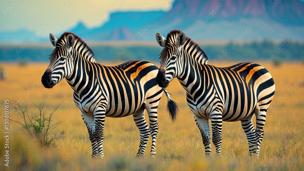 Fototapeta premium Zebras grazing peacefully in the vast African grassland with a stunning natural landscape in the background.
