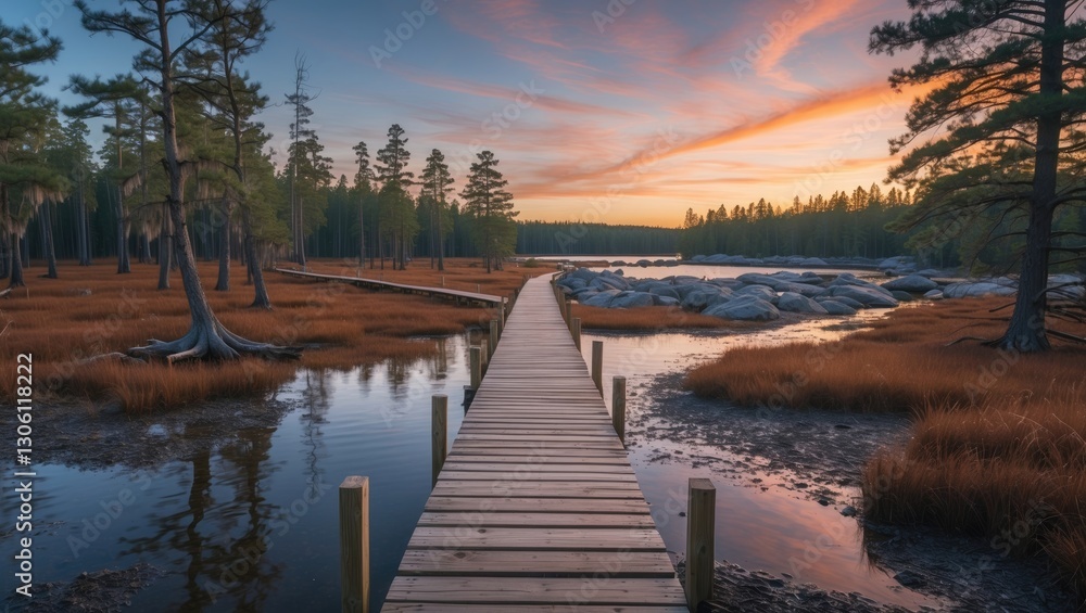 Naklejka premium Wooden Boardwalk Through Marsh Leading To Rocky Shore And Forest At Sunset Ideal For Hiking And Camping Promotional Material