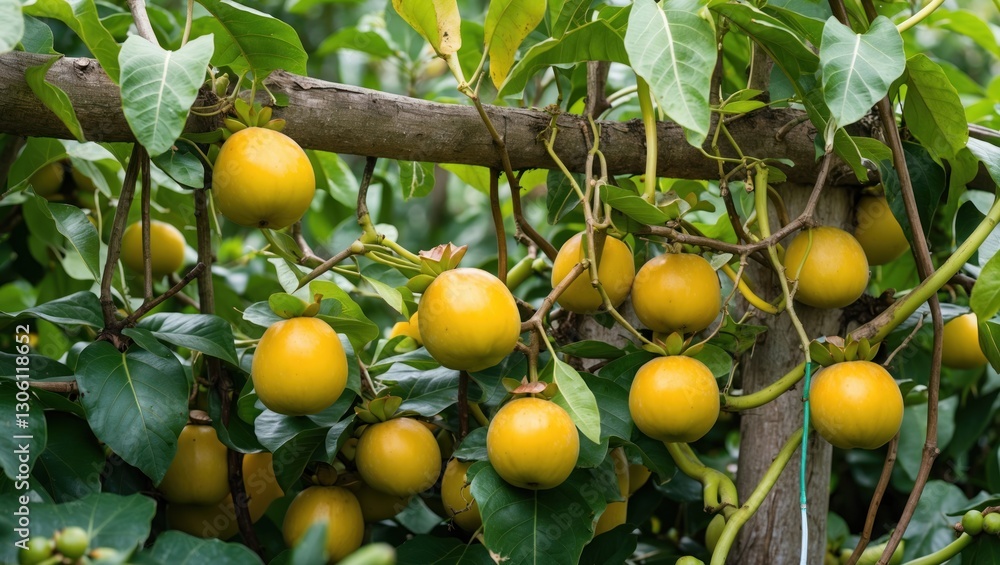 Vibrant yellow passion fruit vines laden with ripe fruit in a lush tropical garden setting showcasing natural abundance and growth. Vibrant yellow passion fruit vines laden with ripe fruit in a lush tropical garden setting showcasing natural abundance and growth.