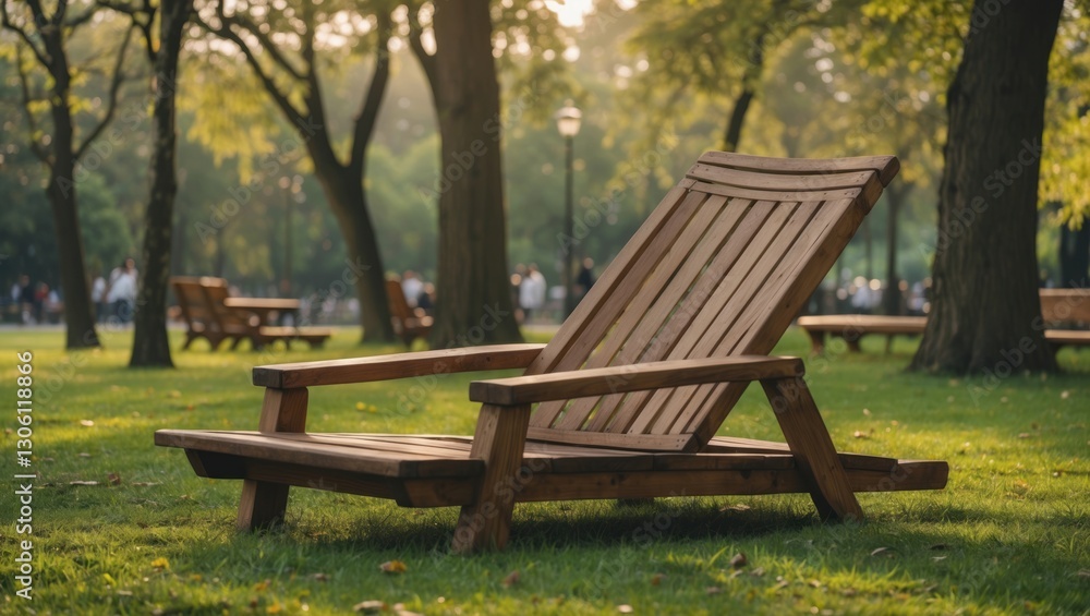 Wooden lounging chair in a serene park setting inviting relaxation and calmness in the morning light surrounded by lush greenery. Wooden lounging chair in a serene park setting inviting relaxation and calmness in the morning light surrounded by lush greenery.