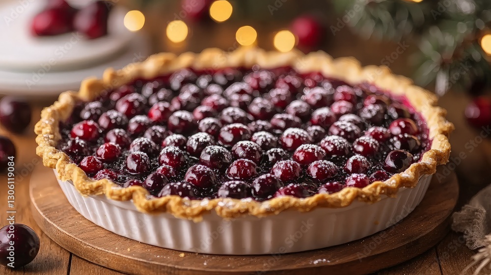 Festive Cherry Pie on Wooden Board Festive Cherry Pie on Wooden Board