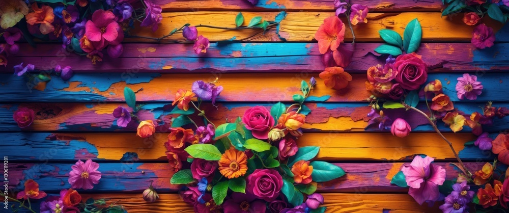 Fototapeta premium Vibrant floral arrangement on colorful rustic wooden background enhancing texture and visual appeal for creative design projects.