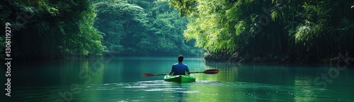 A person in a green canoe on the river, surrounded by lush forest, enjoying nature and relaxing in the calm waters. The water is an emerald color. The man's face can be seen from behind.