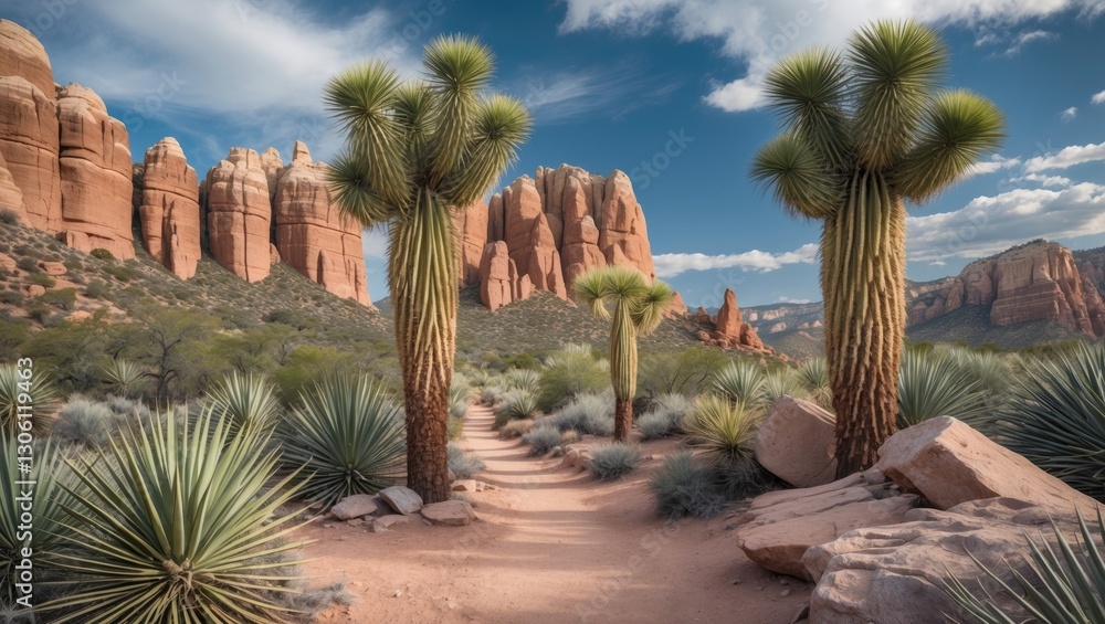 Fototapeta premium Majestic Yucca Trees and Dramatic Rock Formations Along a Scenic Trail in a National Park with Open Space for Text Overlay