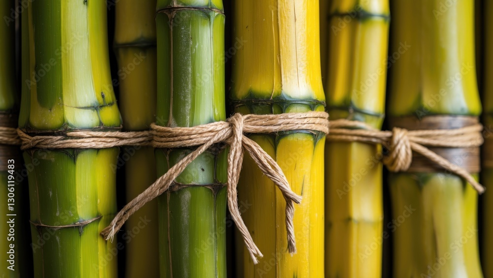 Obraz premium Tied bamboo trunks showcasing vibrant green and yellow hues with natural twine for decorative or crafting purposes.