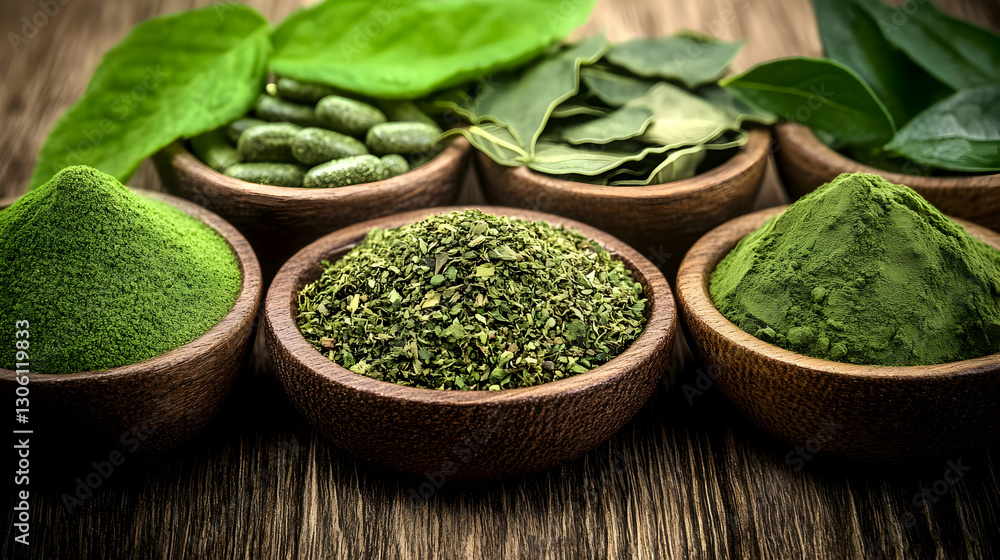 Green Powders And Herbs In Wooden Bowls On A Wooden Background Photo Green Powders And Herbs In Wooden Bowls On A Wooden Background Photo