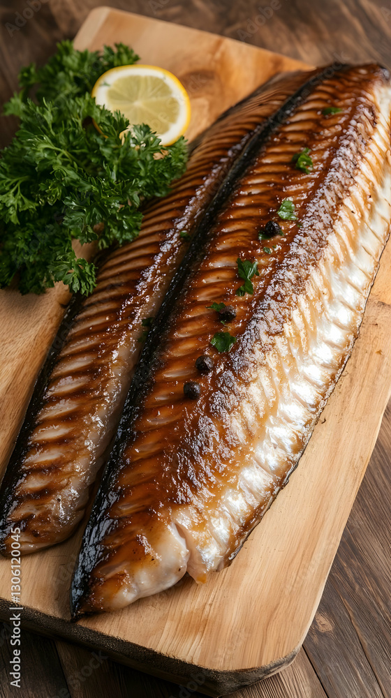 Grilled Fish On Wooden Board Photo Showing Parsley and Lemon for Grilled Fish On Wooden Board Photo Showing Parsley and Lemon for