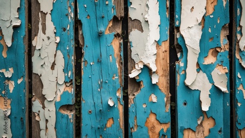 Worn vintage wood texture with peeling blue and white paint creating a rustic background perfect for design projects and artistic displays. photo