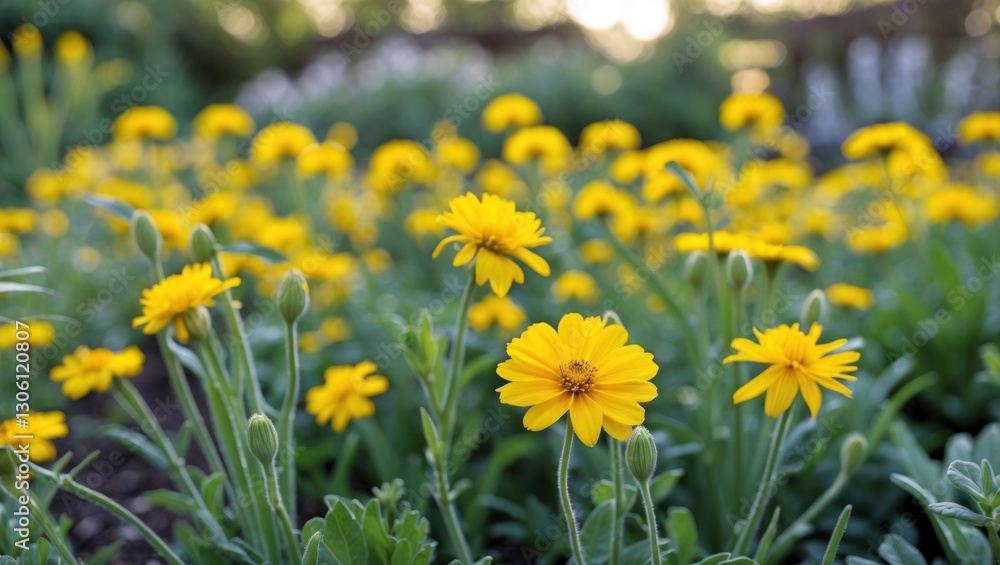Obraz premium Vibrant Yellow Flowers Blooming in a Lush Garden Setting Under Soft Natural Light