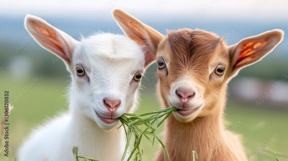 Two cute baby goats eating grass in a field Two cute baby goats eating grass in a field