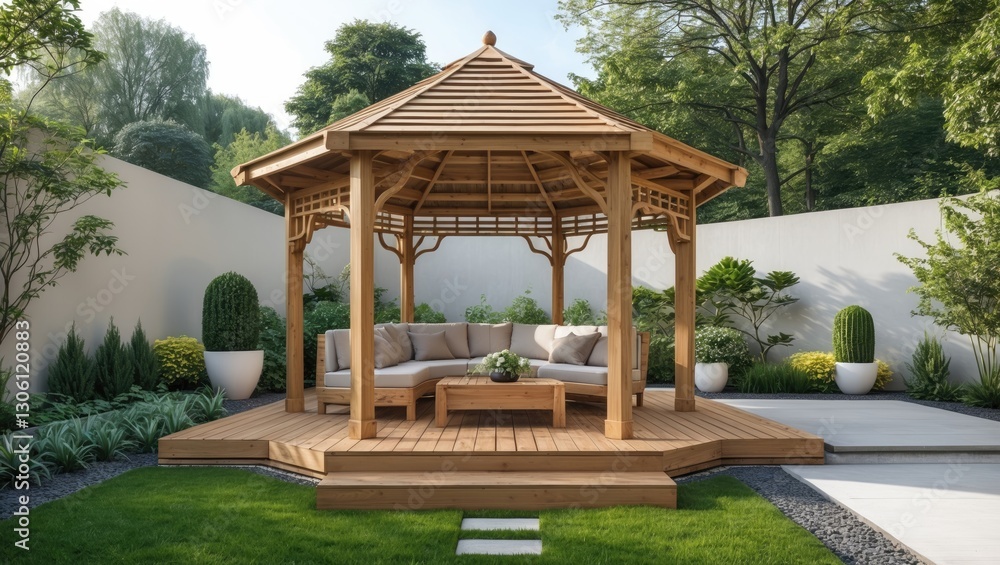 Wooden Gazebo Surrounded by Lush Greenery in a Modern Garden Landscape Perfect for Relaxation and Outdoor Gatherings Wooden Gazebo Surrounded by Lush Greenery in a Modern Garden Landscape Perfect for Relaxation and Outdoor Gatherings