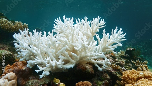 A photograph of a coral reef shows white corals that have no color