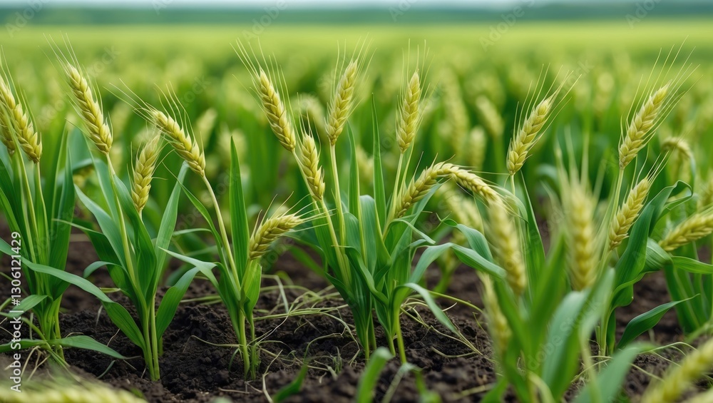 Vibrant Green Wheat Field with Seedlings and Ripening Ears Captured in Rich Soil under Natural Light in Agricultural Landscape. Vibrant Green Wheat Field with Seedlings and Ripening Ears Captured in Rich Soil under Natural Light in Agricultural Landscape.