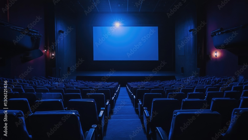A photograph of an empty movie theater with dark blue lighting, a large screen in the center, and rows of seats facing it. The atmosphere is quiet, as if waiting for people to enter. A photograph of an empty movie theater with dark blue lighting, a large screen in the center, and rows of seats facing it. The atmosphere is quiet, as if waiting for people to enter.