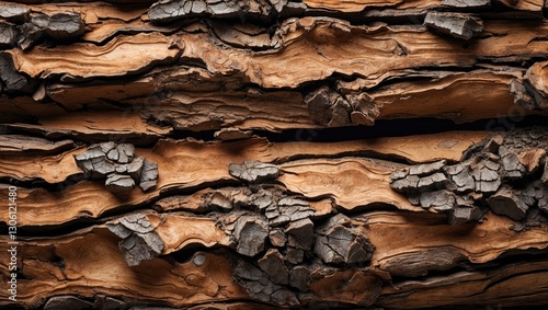 Natural wood texture with intricate bark patterns showcasing rich brown tones and unique surface details for background or design elements. photo