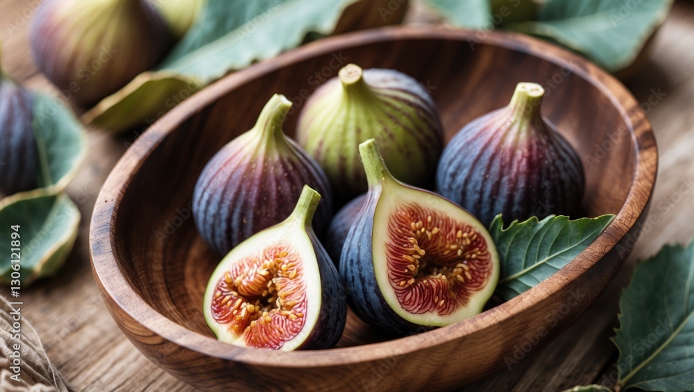 Fig Fruits Displayed in a Wooden Bowl Surrounded by Fresh Leaves on a Rustic Table Background Fig Fruits Displayed in a Wooden Bowl Surrounded by Fresh Leaves on a Rustic Table Background