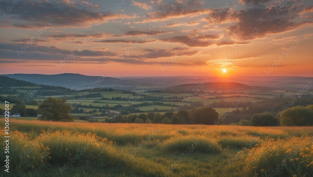 Stunning Summer Sunset Overrolling Hills and Golden Fields in a Serene Landscape Stunning Summer Sunset Overrolling Hills and Golden Fields in a Serene Landscape
