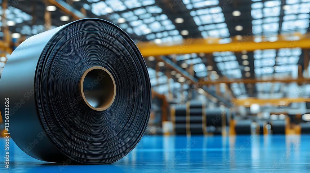 Large Steel Roll In Industrial Factory Photo With Blue and Yellow Large Steel Roll In Industrial Factory Photo With Blue and Yellow