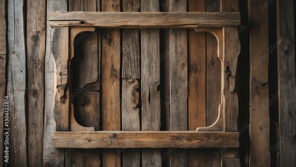 Rustic wooden frame with intricate details against a backdrop of weathered planks showcasing vintage charm and texture. Rustic wooden frame with intricate details against a backdrop of weathered planks showcasing vintage charm and texture.