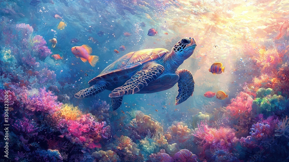 Obraz premium Sea Turtle in Vibrant Coral Reef