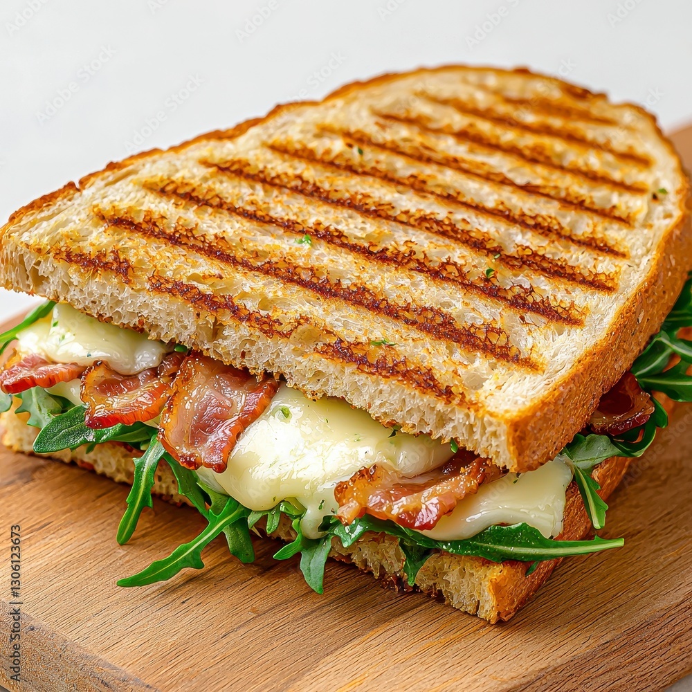 Indulge in the ultimate comfort food with this close-up of a perfectly grilled bacon and cheese sandwich, showcasing melted mozzarella, crispy bacon strips, and fresh arugula nestled between Indulge in the ultimate comfort food with this close-up of a perfectly grilled bacon and cheese sandwich, showcasing melted mozzarella, crispy bacon strips, and fresh arugula nestled between