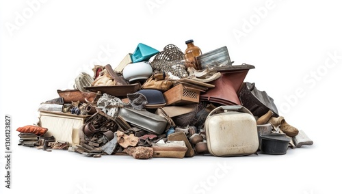 A pile of objects, stacked together, isolated on a white background. A photorealistic picture,