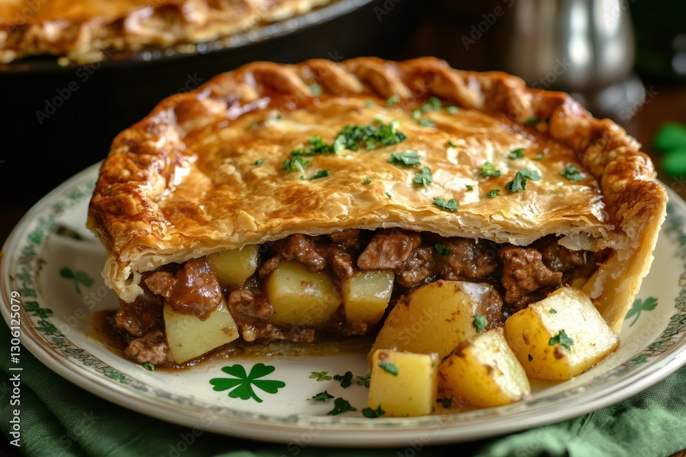 Traditional Irish beef and potato pie with golden puff pastry is served on St. Patrick's Day Traditional Irish beef and potato pie with golden puff pastry is served on St. Patrick's Day