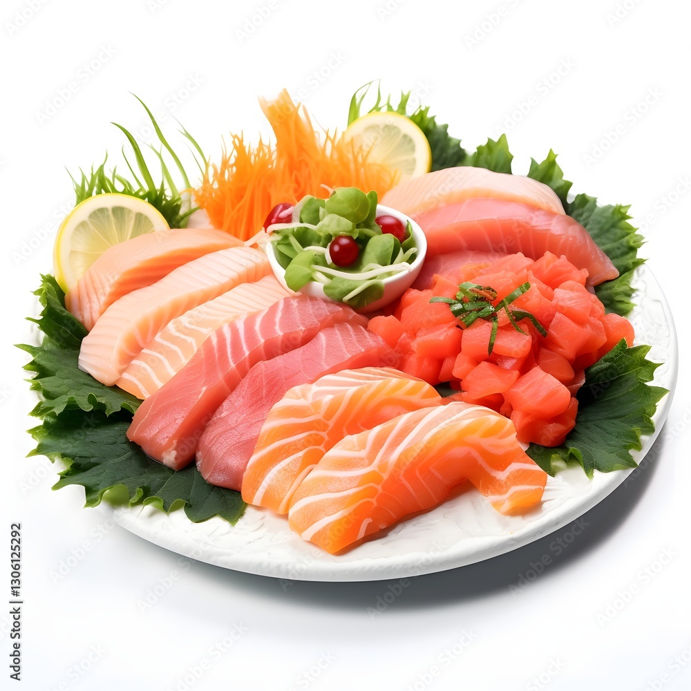 Delectable Sushi Sashimi Platter with Garnished Greens on White Background Delectable Sushi Sashimi Platter with Garnished Greens on White Background