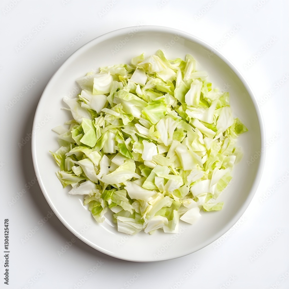 Chopped Cabbage on White Plate   Top View Overhead Shot on Plain Background