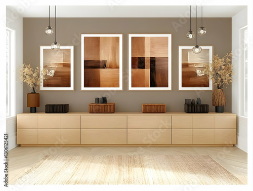 Modern Interior Illustration Featuring Brown Tones Wooden Furniture