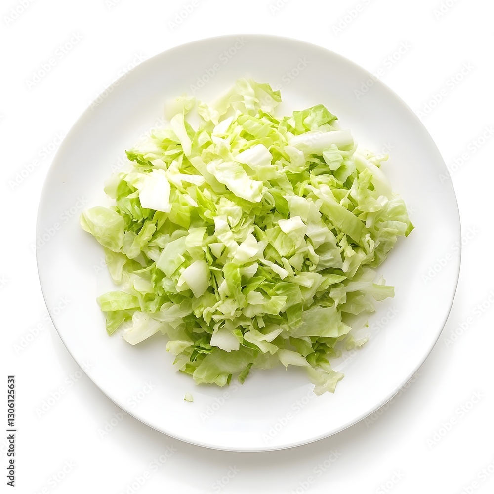 Chopped Cabbage on White Plate with Minimal White Background Chopped Cabbage on White Plate with Minimal White Background