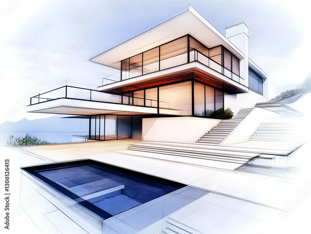 Modern Villa Illustration Featuring White Architecture Pool View And Modern Villa Illustration Featuring White Architecture Pool View And