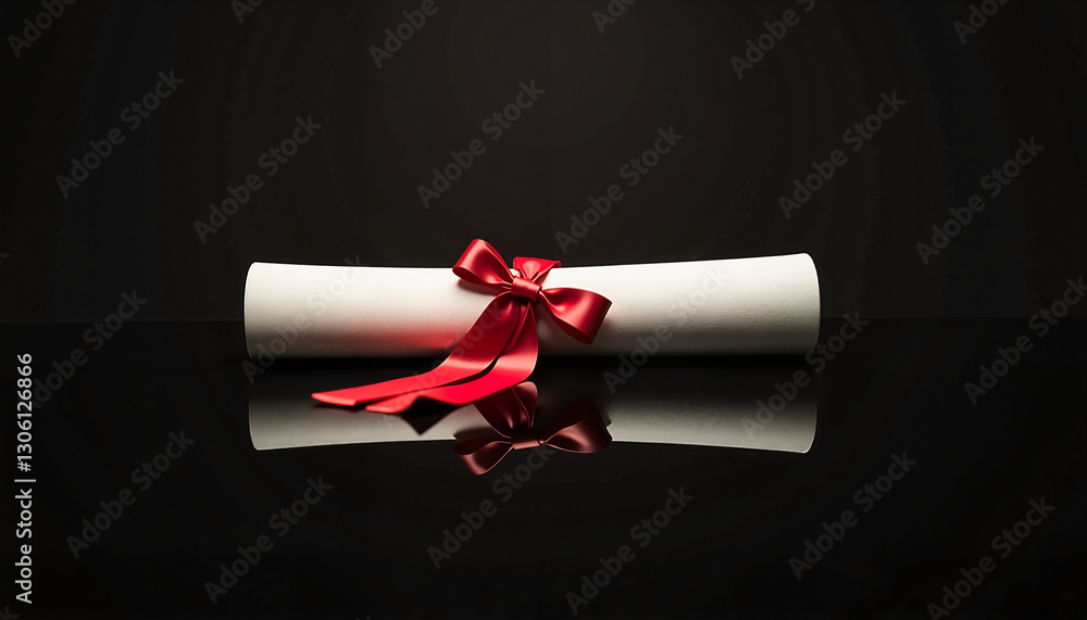Classic white diploma with bright red ribbon on reflective black surface Classic white diploma with bright red ribbon on reflective black surface