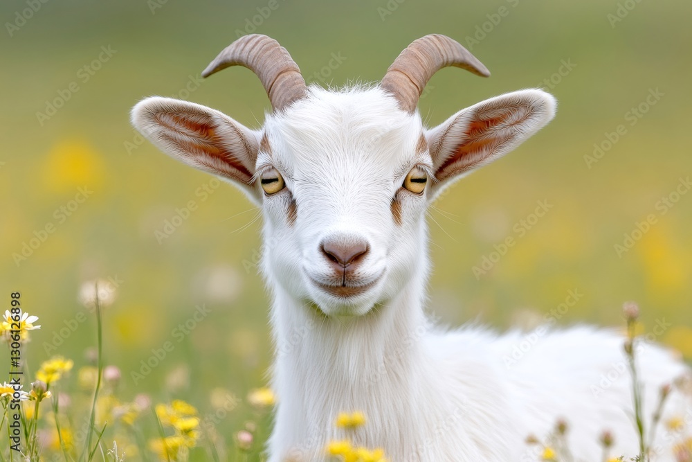 White goat relaxing in a field of flowers White goat relaxing in a field of flowers