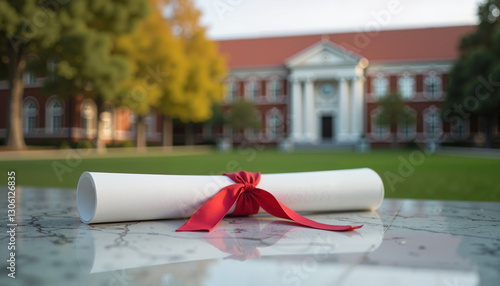 Classic rolled diploma with red ribbon against blurred academic building