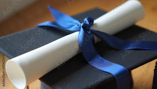 Classic graduation diploma with blue ribbon on black cap